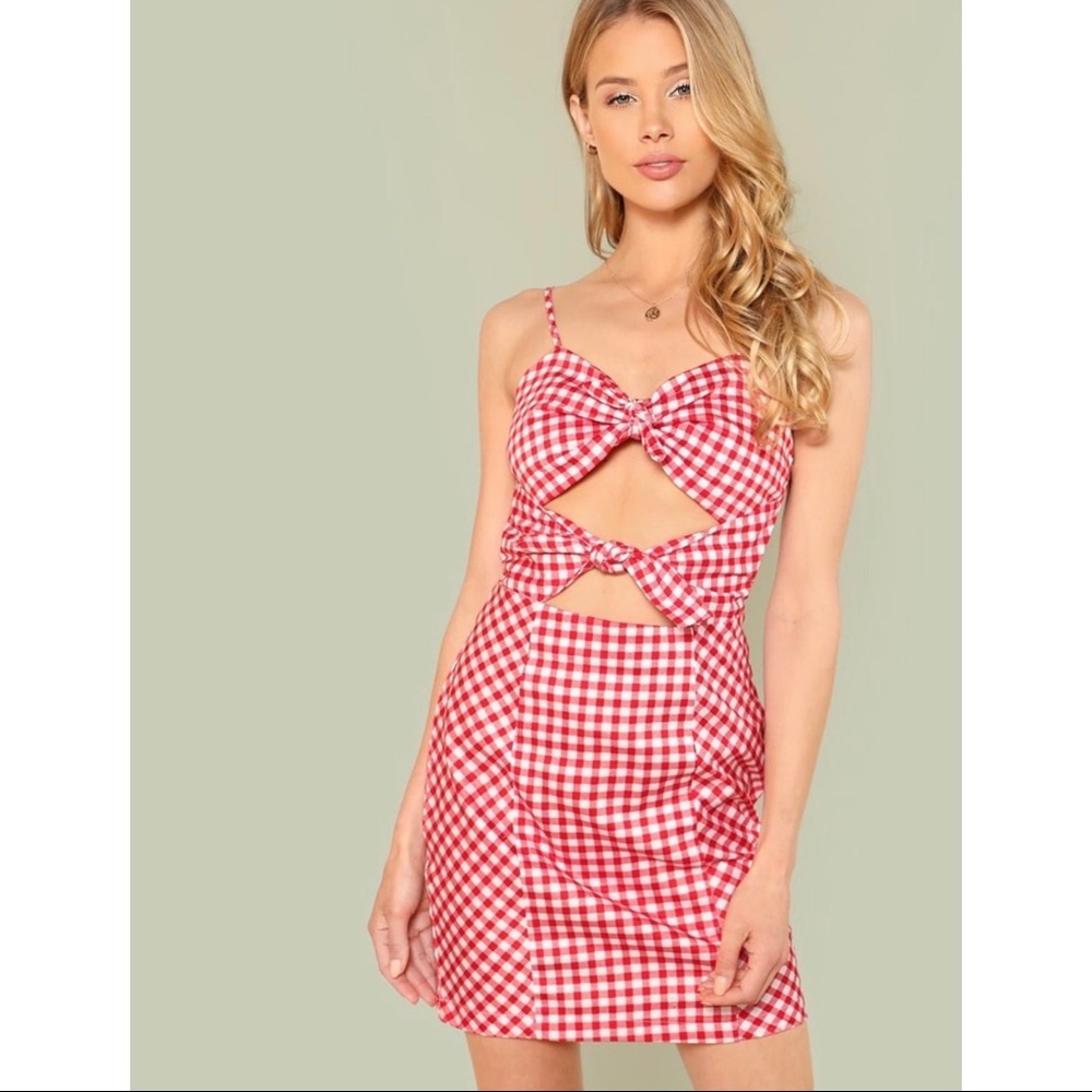 Red gingham print cut out dress with knots